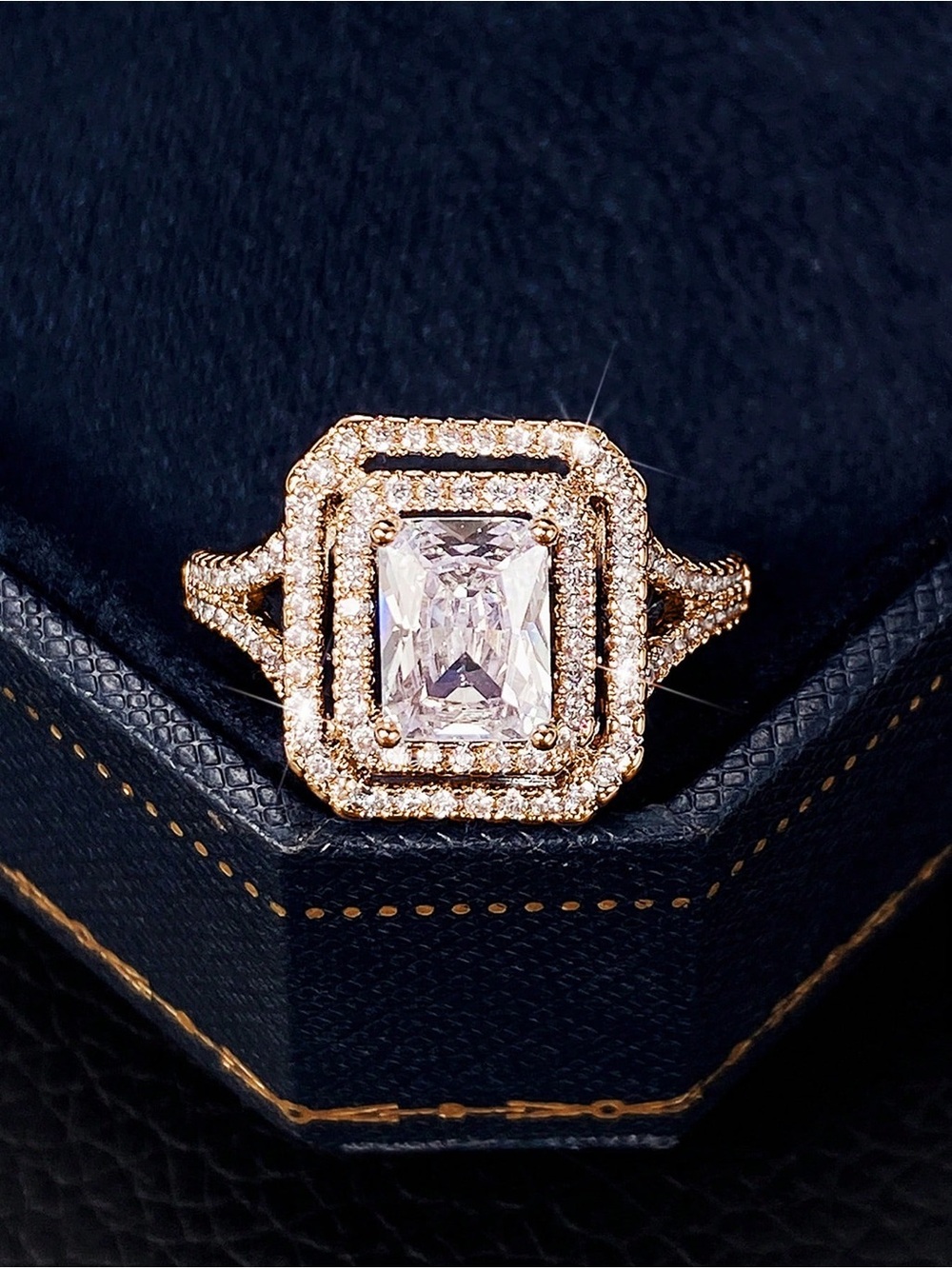 Gold Double Halo Emerald-Cut Fashionable Ring - Unbranded